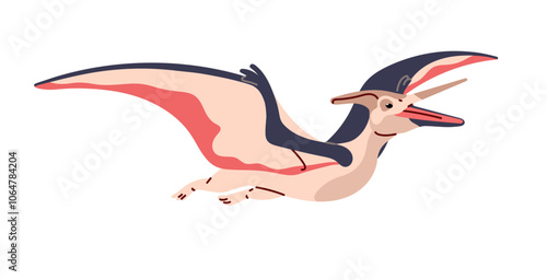 Pteranodon in the flight. Pterodactyl with open jaw flies. Pterosaur, flying dinosaur. Dino with wings, ancient reptile. Jurassic monster. Paleontology. Flat isolated vector illustration on white