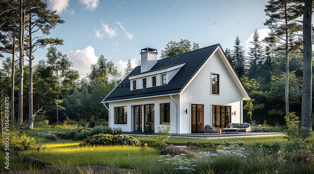 A modern farmhouse-style home, with white siding and a black roof, surrounded by tall trees and green grass, under a blue sky. A modern farmhouse-style home, with white siding and a black roof, surrounded by tall trees and green grass, under a blue sky.