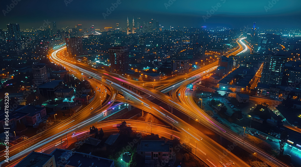 A night cityscape, aerial view, city lights glowing, highway light trails, clear night sky. A night cityscape, aerial view, city lights glowing, highway light trails, clear night sky.