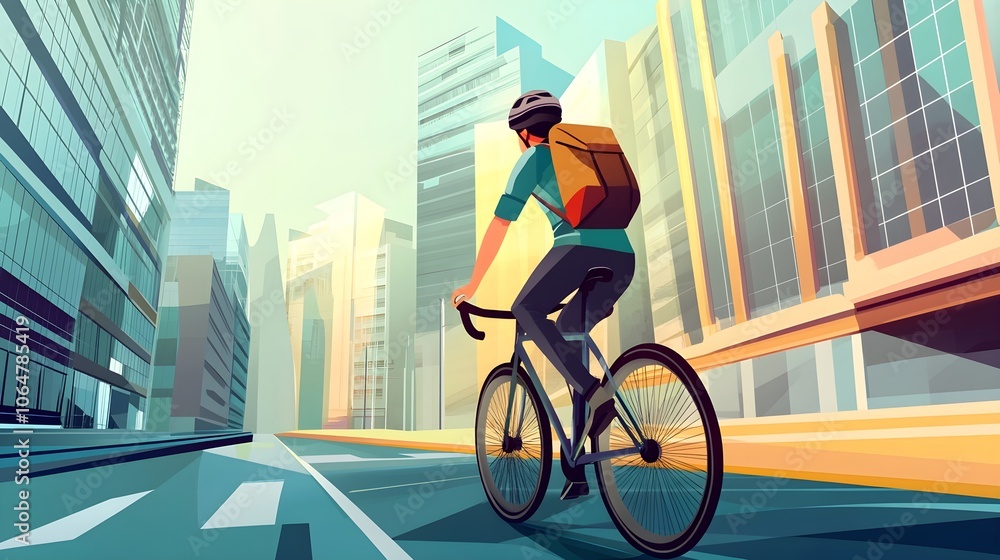 Fototapeta premium A person riding a bicycle in an urban environment, surrounded by modern buildings, with a backpack and a helmet