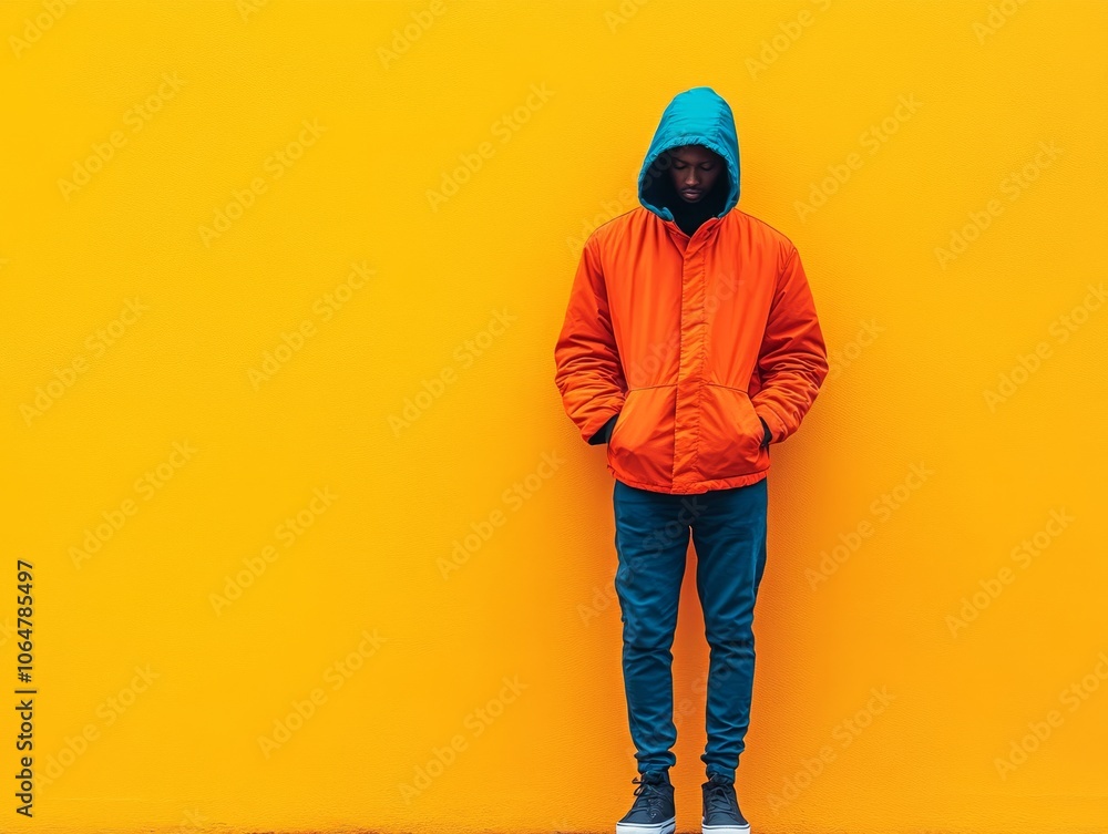 Fototapeta premium Person in an orange jacket with a blue hood stands against a bright yellow wall, creating a bold, minimalist look that emphasizes vibrant color contrast and urban style.