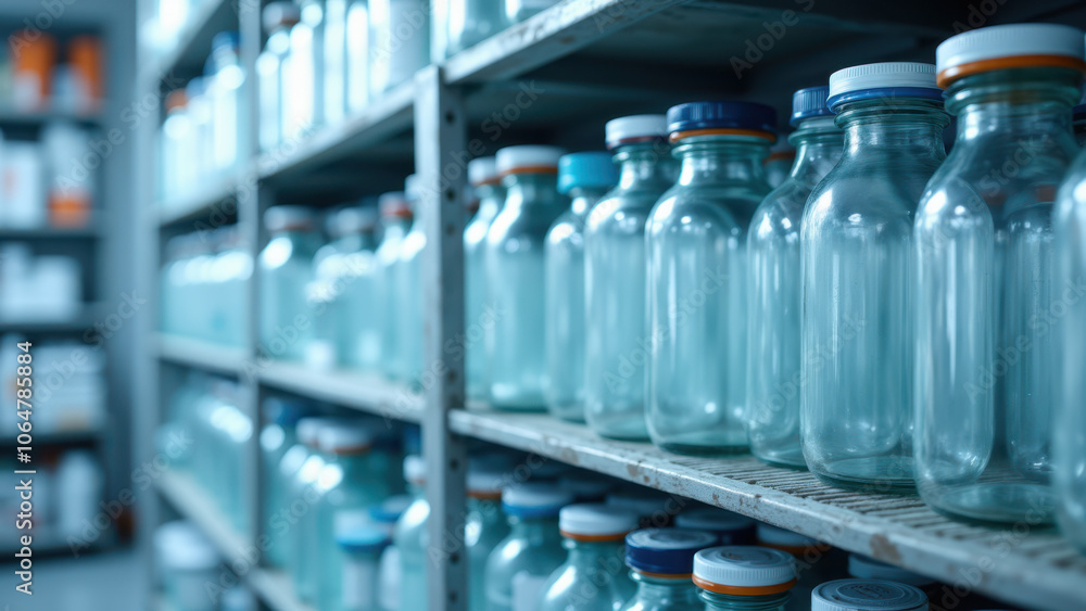 A well-organized storage area with shelves stocked with clear glass bottles containing various liquid products. A well-organized storage area with shelves stocked with clear glass bottles containing various liquid products.