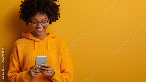 Cheerful Woman Enjoying Discounts by Checking Her Phone Against a Bright Yellow Background. Value and Price Concept