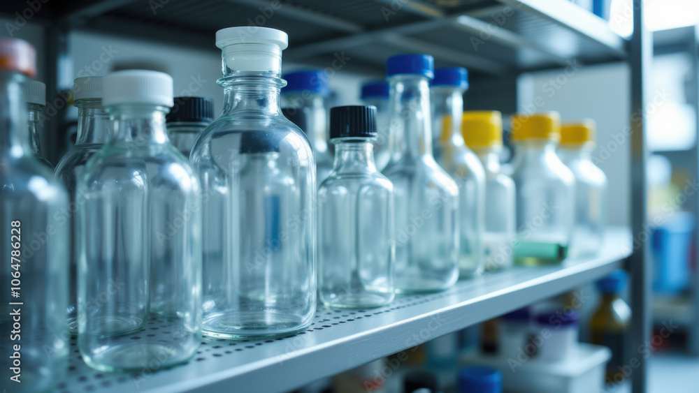 Assorted glass bottles on a shelf. Assorted glass bottles on a shelf.