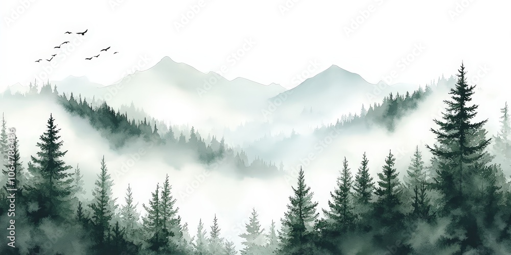 Fototapeta premium Watercolor green landscape of foggy forest hill. Evergreen coniferous trees. Wild nature, frozen, misty, taiga. Horizontal watercolor background.Hand painted watercolor illustration of misty forest