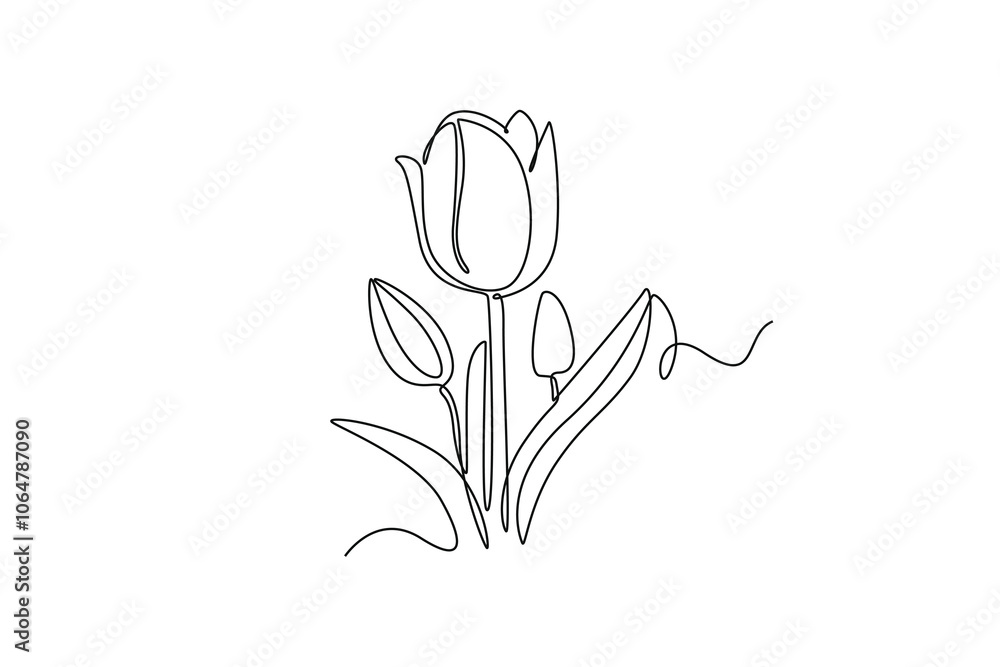 Obraz premium Continuous one line drawing beautiful fresh tulip flower plant. Tropical floral style, love romantic concept for poster, wall decoration ornament. Single line draw design vector graphic illustration