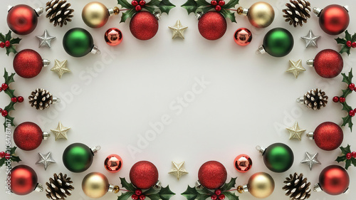 Christmas frame of baubles pine cones and other ornaments with copy space in the center