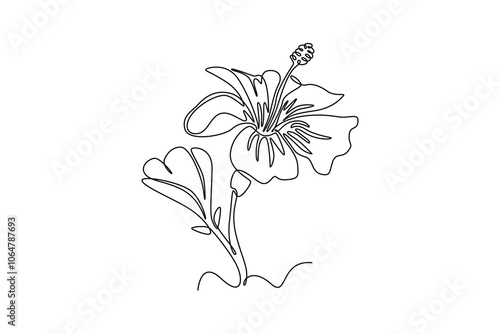 Single continuous line drawing of beauty hibiscus flower plant. Tropical floral style, love romantic concept for poster, wall home decor print. Dynamic one line draw graphic design vector illustration