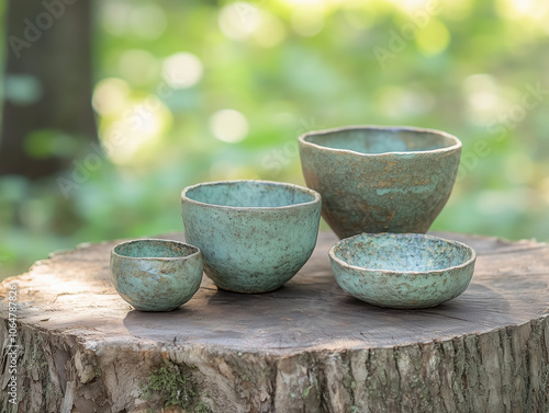 Four handmade clay bowls of different sizes, each with an antique green glaze and textured surface, sitting on top of a tree stump in a natural setting, with a soft-focus background