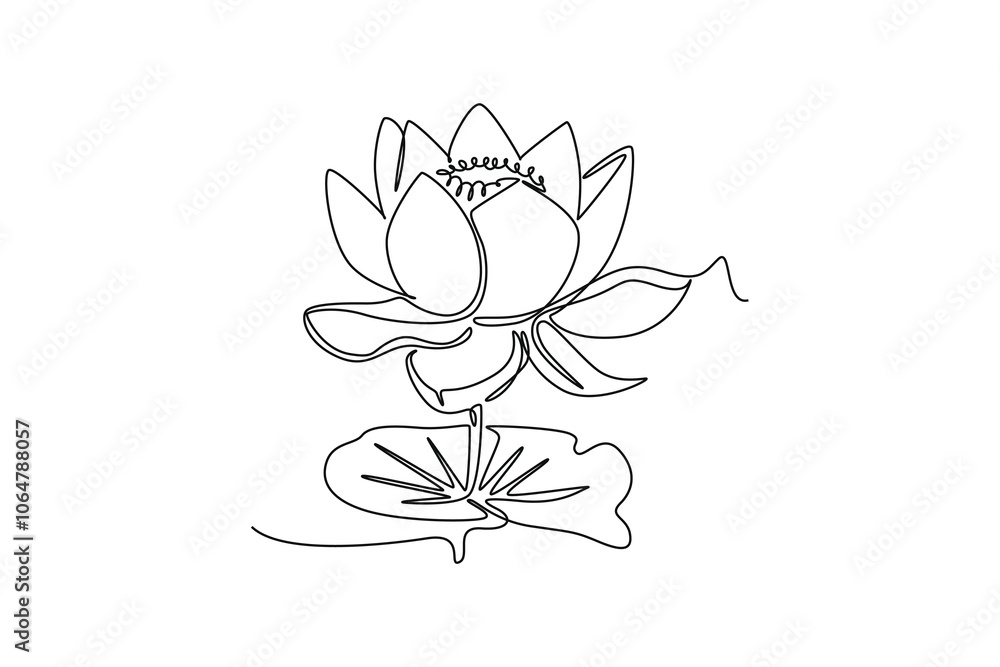 Single continuous line drawing of beauty fresh lotus for spa business logo identity. Decorative water lily flower concept for home wall decor poster. One line draw graphic design vector illustration Single continuous line drawing of beauty fresh lotus for spa business logo identity. Decorative water lily flower concept for home wall decor poster. One line draw graphic design vector illustration