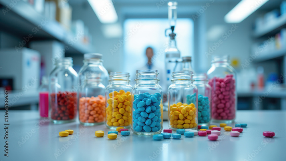 A table filled with colorful capsules, possibly in a research or pharmacy setting. A table filled with colorful capsules, possibly in a research or pharmacy setting.