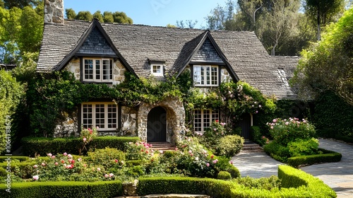 A picturesque English cottage with stone walls, a thatched roof, and ivy-covered exterior. Surrounded by a lush garden with roses and hedges. 