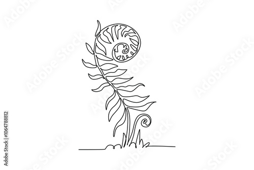Single one line drawing cute tropical fern leaf plant. Printable decorative exotic houseplant concept for home wall decoration ornament. Modern continuous line draw design graphic vector illustration