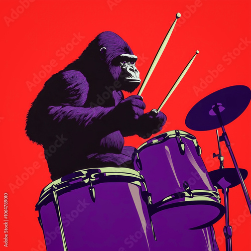 A vibrant pop art image of a gorilla playing drums against a bold red background, combining music and animal themes with a playful twist photo