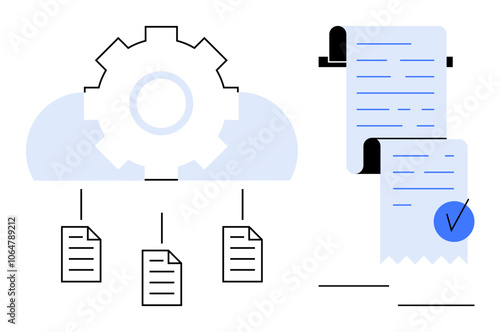 Two main elements. On left - gear depicting cloud computing and file storage. On right - scroll with checkmark showing receipt verification. Ideal for cloud storage, document management, file