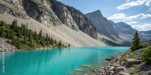 Steep slope of granite rock falls into crystal clear turquoise lake, outdoor photography, earthy tones photo