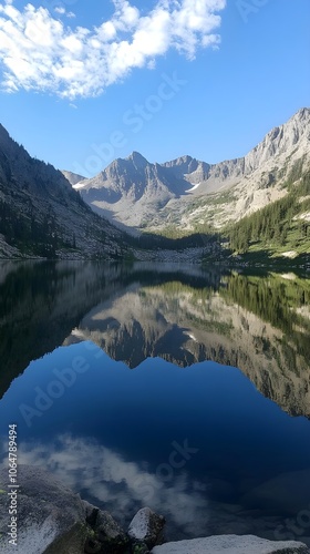 A pristine lake surrounded by mountains, perfectly reflecting the peaks and sky in calm, mirror-like water, creating a tranquil scene.