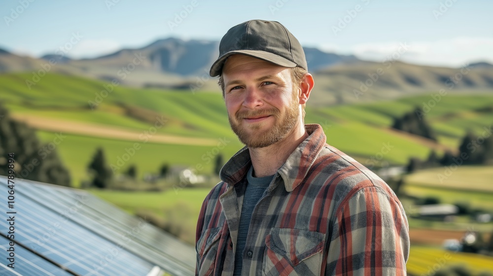 Young man in plaid shirt smiling confidently while standing next to solar panels in a lush green rural landscape Young man in plaid shirt smiling confidently while standing next to solar panels in a lush green rural landscape