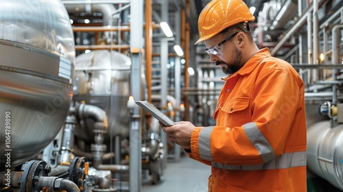 Technician in orange coveralls inspecting fuel storage tanks with digital tablet in oil refinery, scanning digital data on touchscreen device, industrial machinery and pipework in the background.