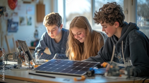 Group of teenagers engaged in hands-on learning with solar panel in a bright classroom emphasizing collaborative education and sustainable technology