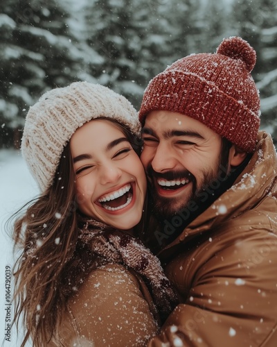 Smiling couple embracing joyfully in snowy winter forest wearing warm knitted hats and coats surrounded by falling snowflakes and evergreen trees