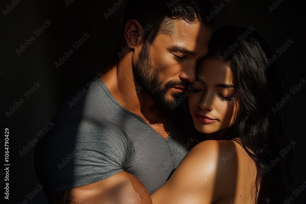 Romantic couple intimately embracing in soft sunlight, with deep connection and affection, creating a warm and tender atmosphere Romantic couple intimately embracing in soft sunlight, with deep connection and affection, creating a warm and tender atmosphere