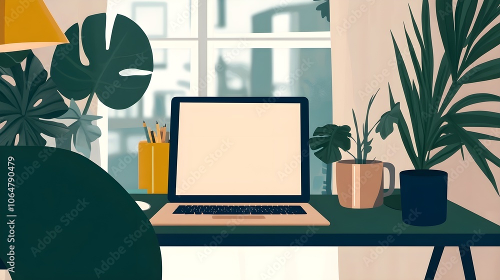 Fototapeta premium A professional working remotely in a stylish home office, with a laptop, coffee mug, and plants creating a comfortable work-from-home environment. 