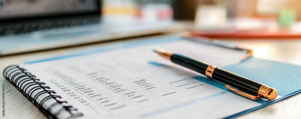 Fototapeta premium Close-up of a pen resting on an open spiral notebook with financial documents