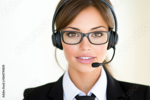 A woman in formal attire communicates with clients, providing assistance and support through a headset