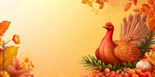 Autumn Still Life: A Cute Cartoon Hen with Pumpkins and Floral Elements, Perfect for Farm-themed Designs and Vintage-style Cards,Thanksgiving Background,Generated By Ai photo