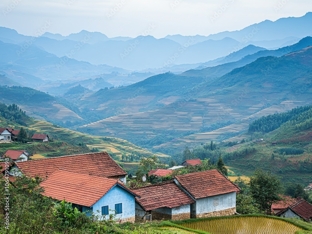 Scenic view of terraced fields and mountains under a cloudy sky. Scenic view of terraced fields and mountains under a cloudy sky.