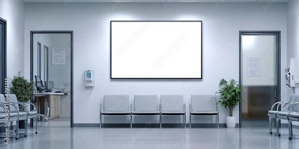 A mockup of an empty white poster on the wall in modern hospital waiting room with comfortable chairs and medical equipment. empty white blank poster on white wall in hospital, white board A mockup of an empty white poster on the wall in modern hospital waiting room with comfortable chairs and medical equipment. empty white blank poster on white wall in hospital, white board
