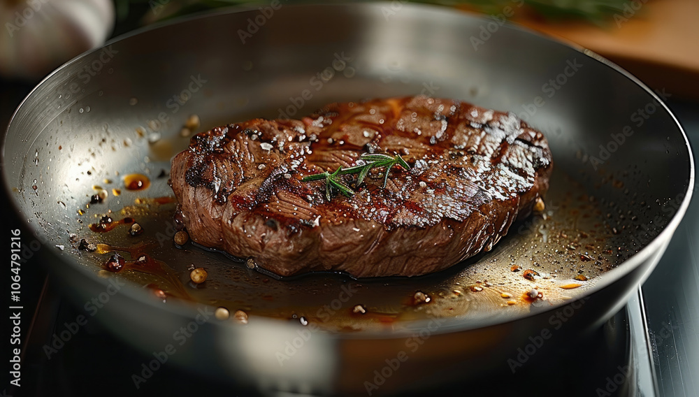 A piece of steak is being pan-fried in a stainless steel frying pan, making for a delicious dinner. A piece of steak is being pan-fried in a stainless steel frying pan, making for a delicious dinner.