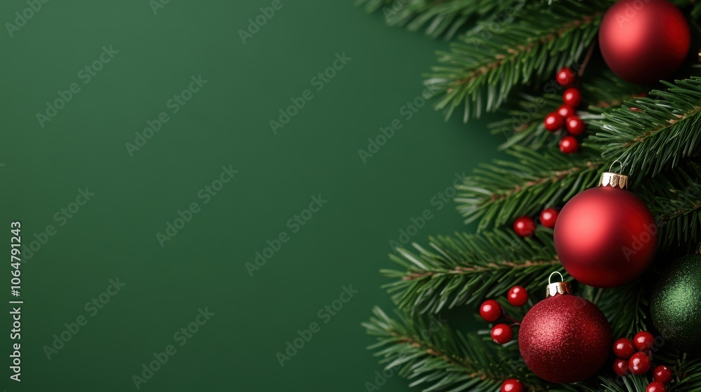 Christmas fir branches with red and green ornaments and berries on a green background. Christmas fir branches with red and green ornaments and berries on a green background.