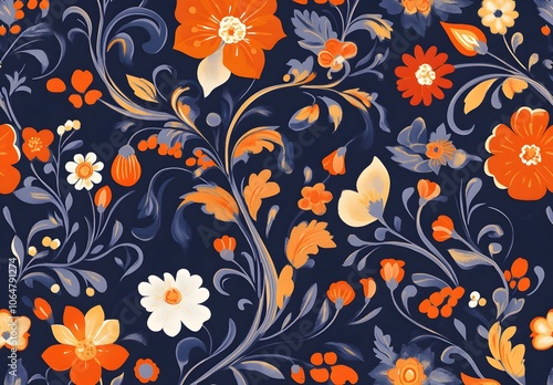 Orange and White Floral Pattern on a Dark Blue Background