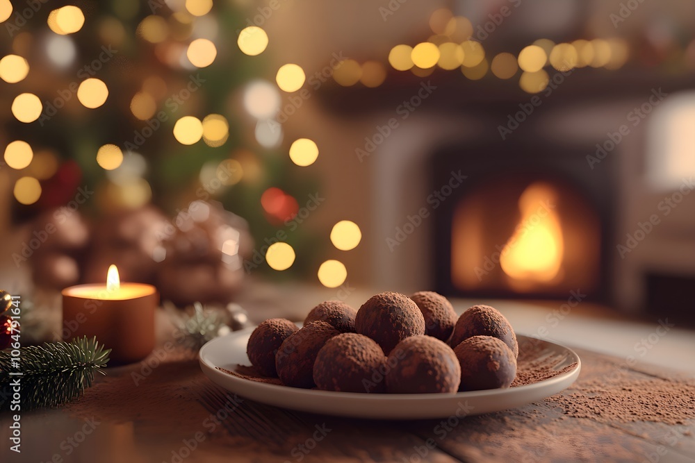 custom made wallpaper toronto digitalClose-up of chocolate truffles, truffes au chocolat, on a cocoa-dusted plate, set on a Christmas-decorated coffee table. A warm fireplace and lit Christmas tree glow softly