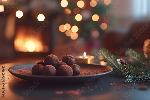 Close-up of chocolate truffles, truffes au chocolat, on a cocoa-dusted plate, set on a Christmas-decorated coffee table. A warm fireplace and lit Christmas tree glow softly photo