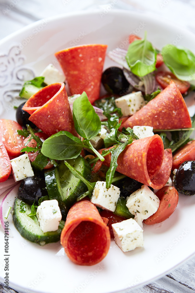 Salad with Salami, Feta Cheese, Black Olives, Cucumber and Cherry Tomatoes. Close up. Salad with Salami, Feta Cheese, Black Olives, Cucumber and Cherry Tomatoes. Close up.