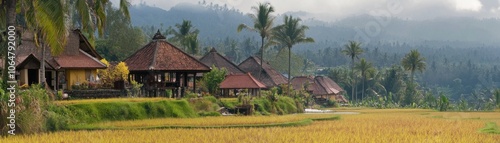 Serene rice fields with traditional houses amidst lush greenery and mountains.