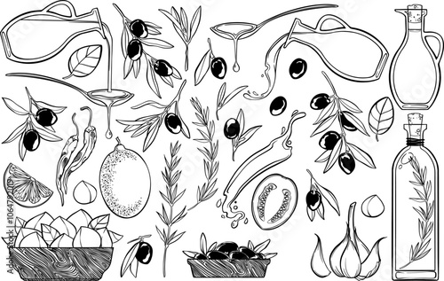 Vector illustartions collection of olive branches and olive oil.