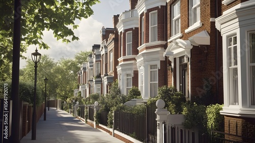 Fototapeta Naklejka Na Ścianę i Meble -  A row of Victorian terrace houses with brick facades, white trims, and small front gardens. Located on a quiet street in London, with traditional lampposts.