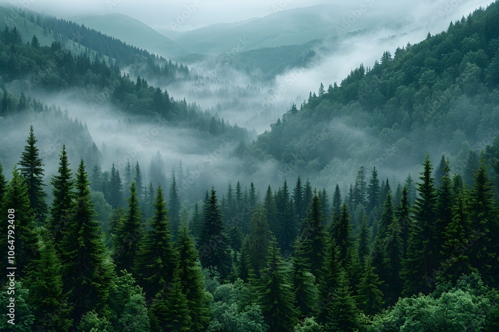Misty Mountain Valley with Lush Evergreen Forests for Nature and Landscape Photography Misty Mountain Valley with Lush Evergreen Forests for Nature and Landscape Photography