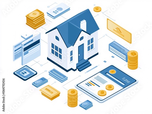 Minimalistic design of property loan terms in an organized flow chart, digital tablet displaying mortgage options, professional and clean layout