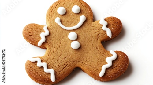 Traditional gingerbread man with white icing and big smile, isolated on a white background