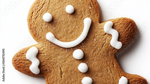 Traditional gingerbread man with white icing and big smile, isolated on a white background