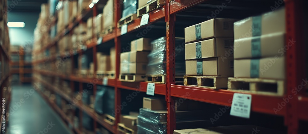 Obraz premium Modern Warehouse Interior with Stacked Cardboard Boxes on Shelves in Industrial Storage Facility