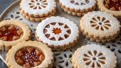 Traditonal homemade Linzer Christmas cookies filled with marmalade and dusted with sugar, top view