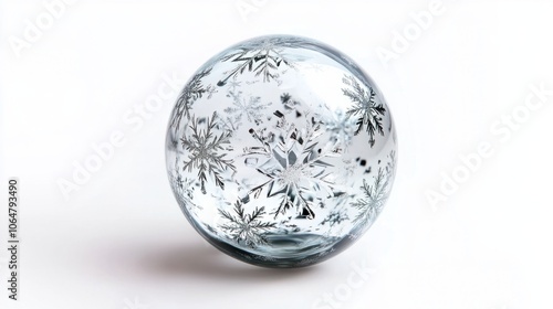 Transparent glass Christmas ball with snowflake print, isolated on a clean white background