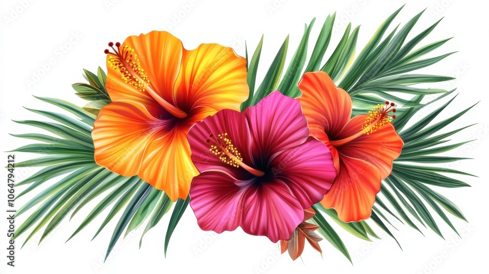 Obraz premium Vibrant Hibiscus Flowers with Tropical Leaves