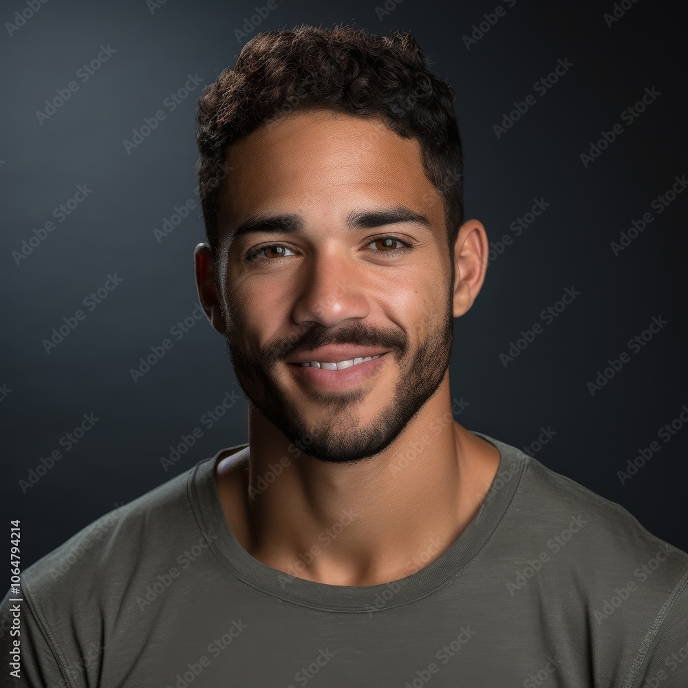 American man with a friendly smile and short hair wearing a casual t shirt on a plain white background American man with a friendly smile and short hair wearing a casual t shirt on a plain white background